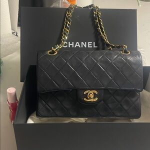 Authentic CHANEL Black Lambskin Leather Small Double Flap Bag Purse Gold HW RARE